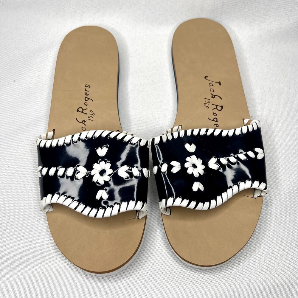 Jack Rogers Sanibel Midnight Blue White Patent Leather Slides Sandals 8 M